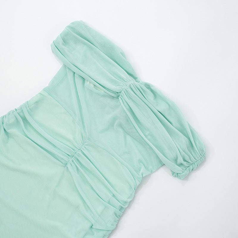 Women Solid Strapless Off-Shoulder Mesh Pleated Dress 9