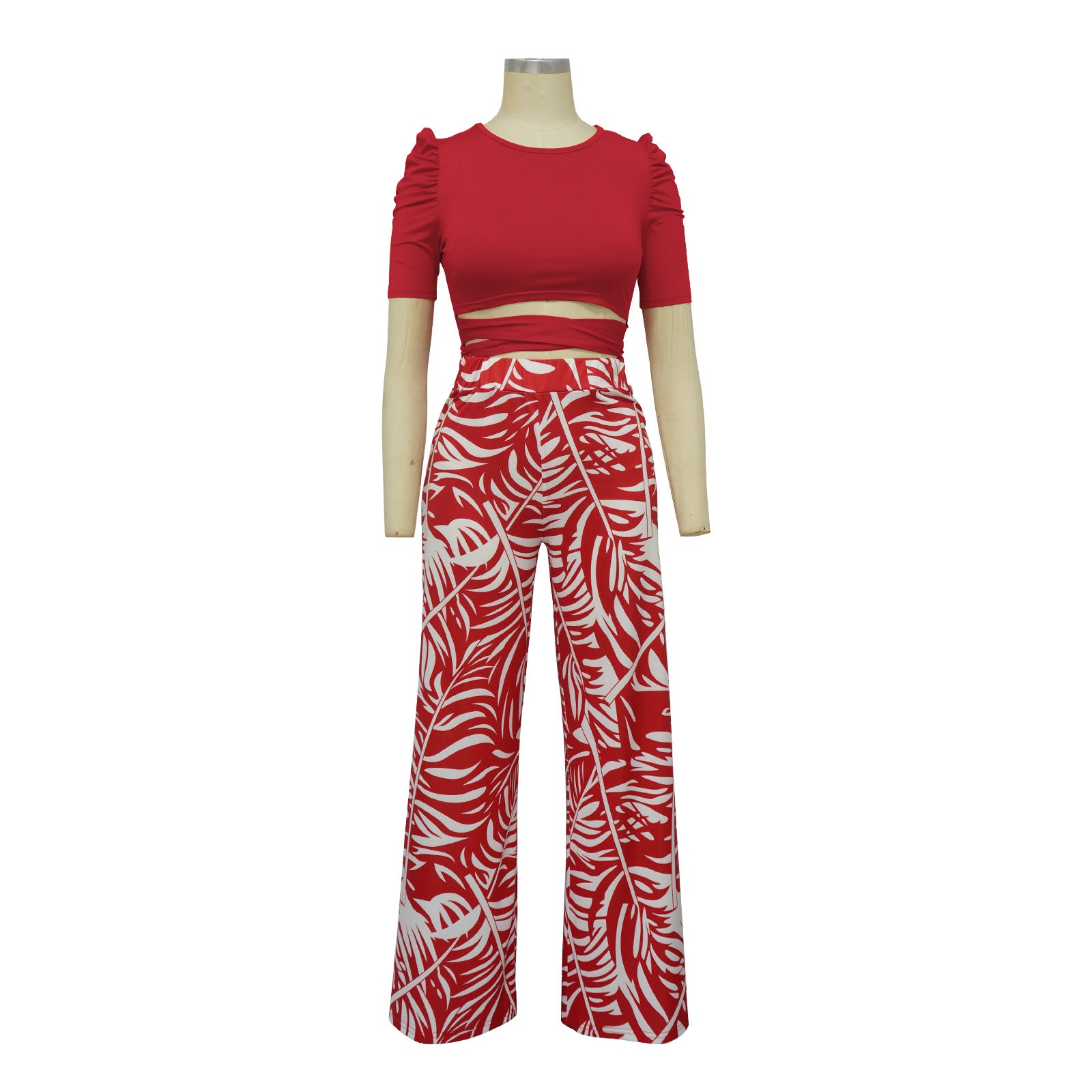 Women's Summer Round Neck Belted Printed Wide Leg Pants Casual Set 14