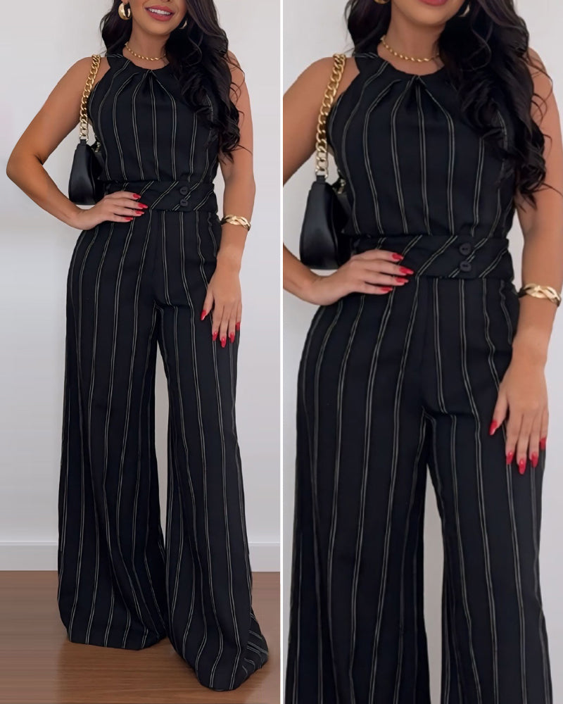 Women Striped Sleeveless Top + Pants Two-Piece Set