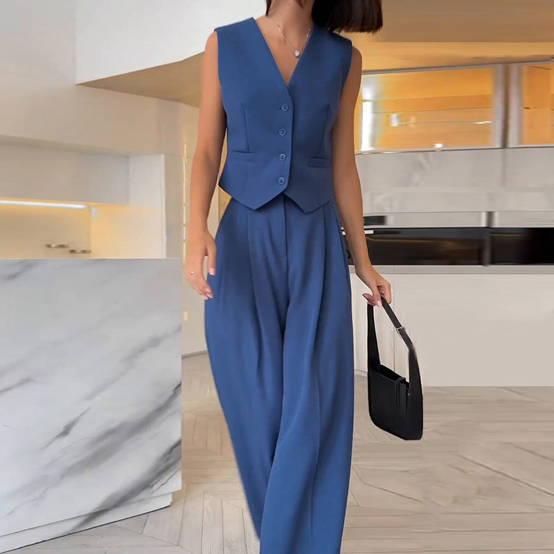 Women 's Spring V-Neck Sleeveless Vest Wide-Leg Trousers Casual Suit 7
