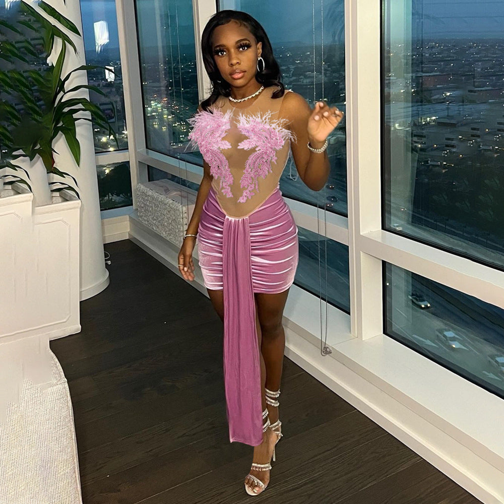 Women Sexy Strapless Dress See-Through Bodycon Party Dress 4