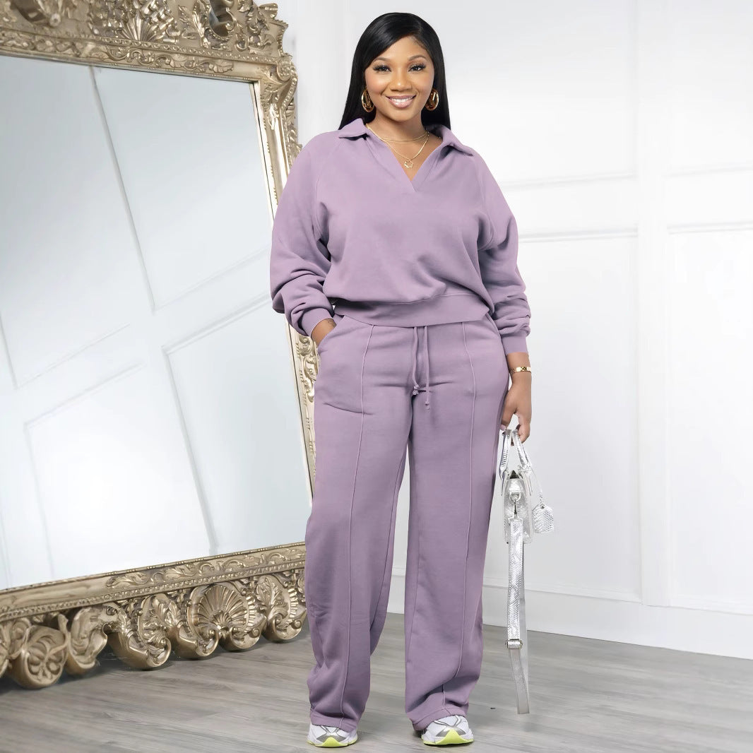 Women Fall and Winter Solid V-Neck Long Sleeve Top and Pant Casual Two-Piece Set 11