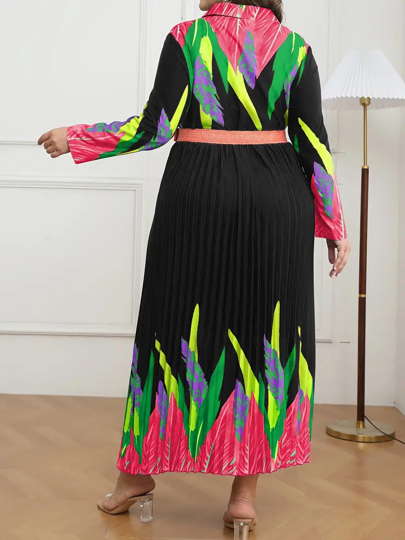 Plus Size Women Printed Pleated Long Sleeve Elegant Dress with Belt