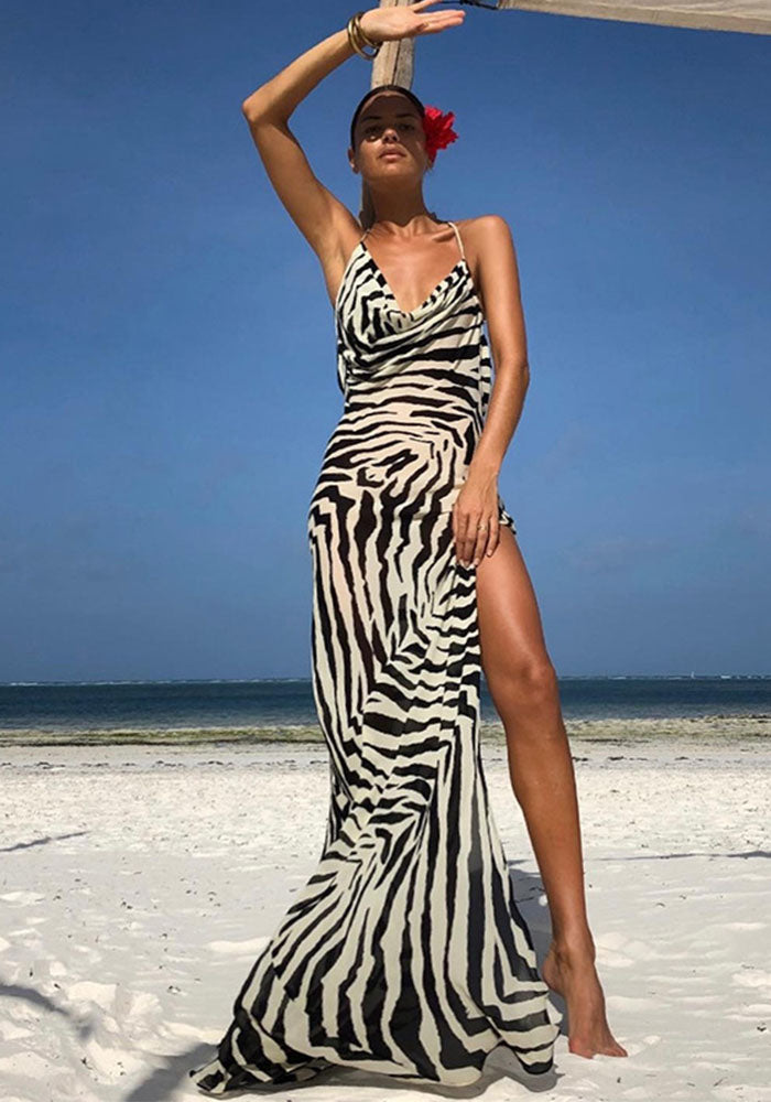 Women's Summer Holidays Zebra Print Sexy Halter-Neck Low-Back Dress