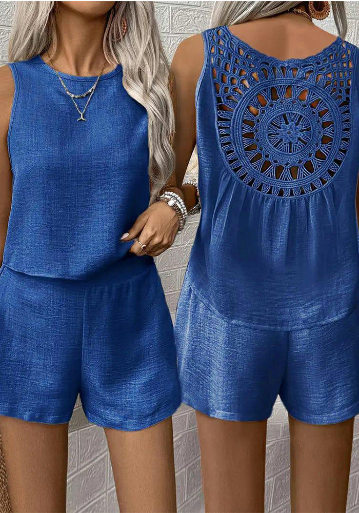 Women Solid Back Hollow Lace Top and Shorts Two-piece Set