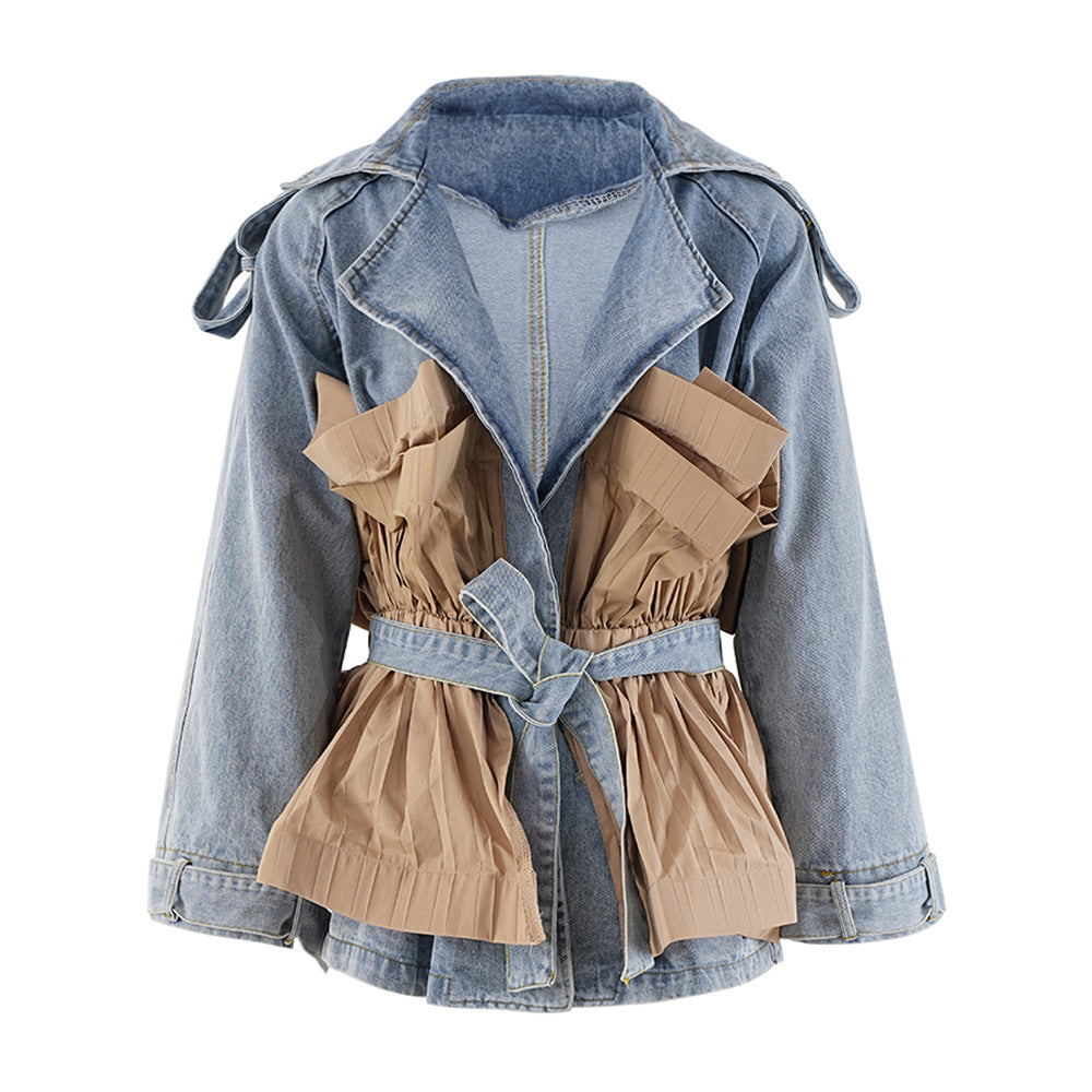 Women's Autumn Ruffle Contrast Color Patchwork Belt Turndown Collar Denim Jacket 8