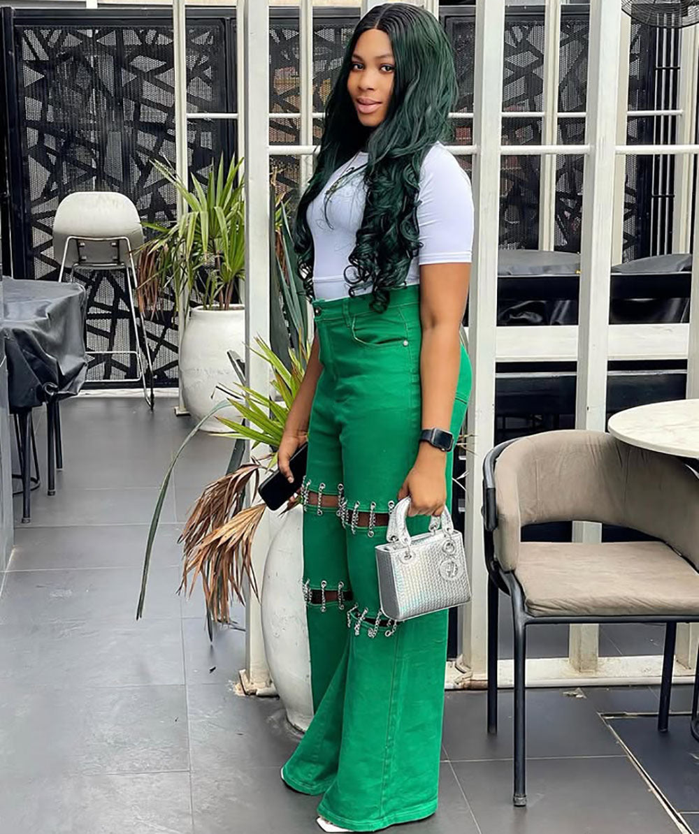 Women's High-Waisted Patchwork Denim Jeans with Studded Chain 9