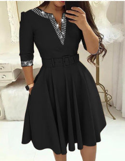 Women Elegant Beaded Long Sleeve Solid V-Neck Dress with Belt 6