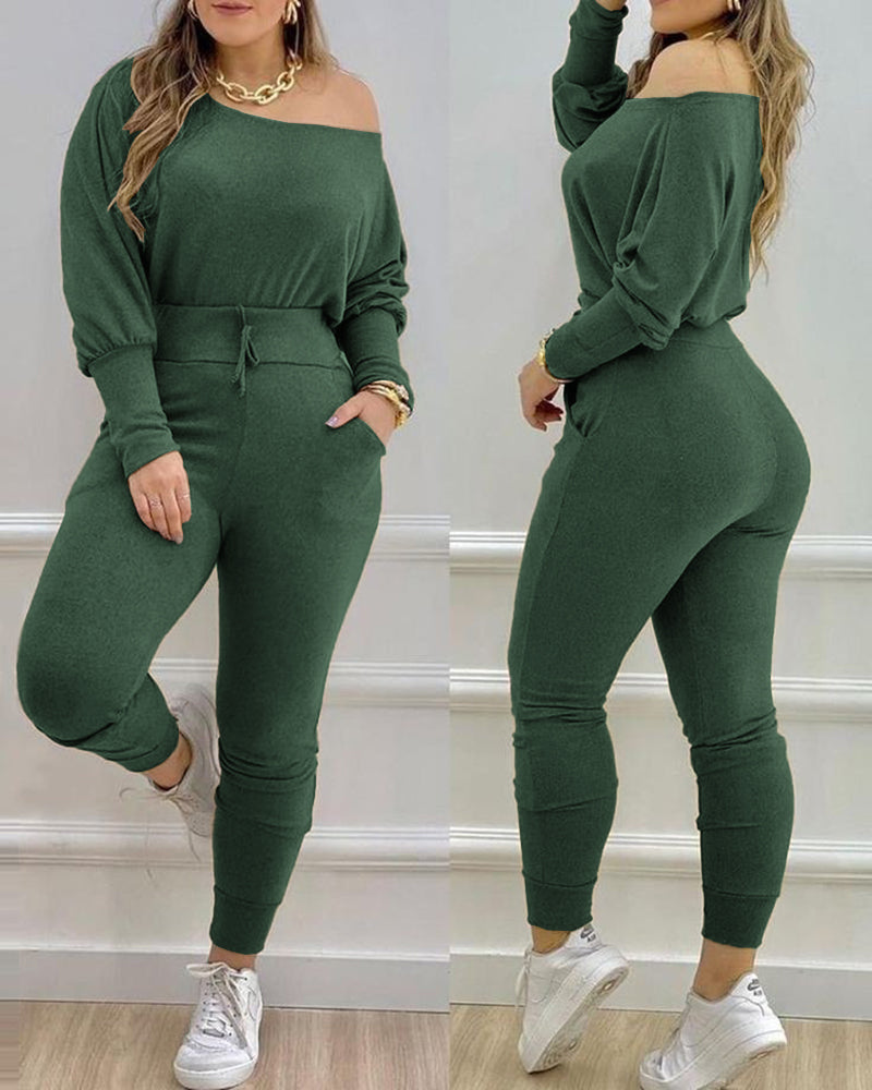 Women Army Green Off-the-shoulder Top and Lace-Up Pants 2-piece Set 3