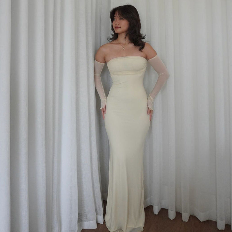 Women Summer Strapless Off Shoulder Patchwork Long Sleeve Sexy Mesh Dress 6