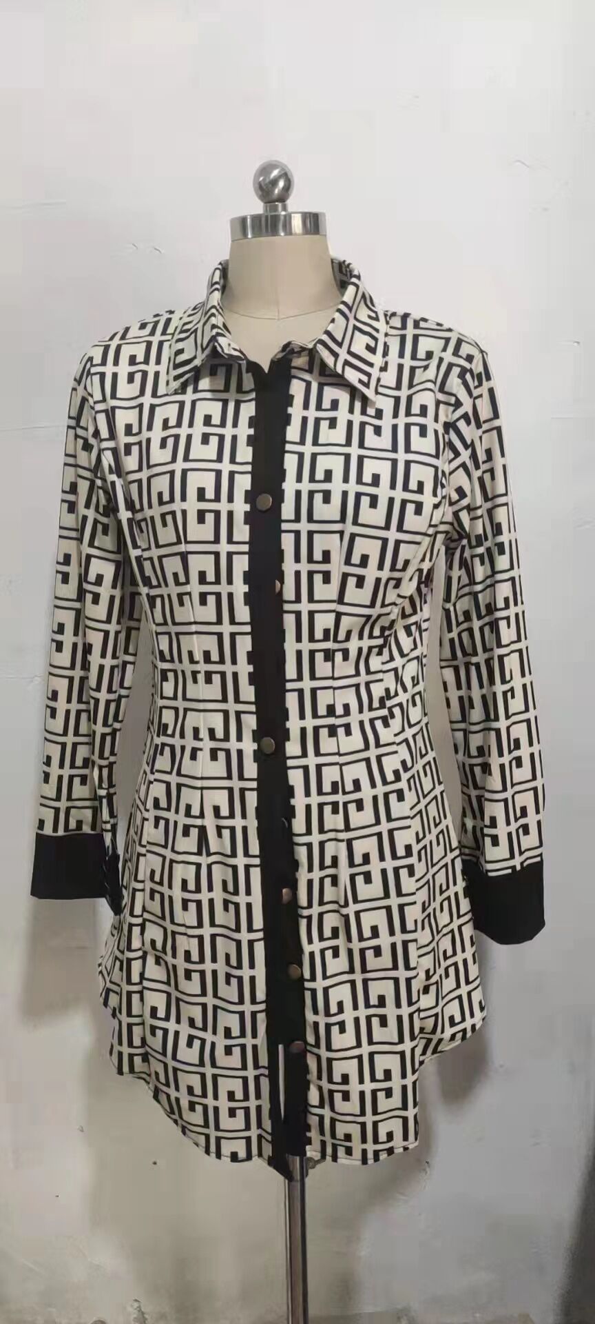 Fall Fashion Print Slim Waist Button Blouse Long Sleeve Shirt 15