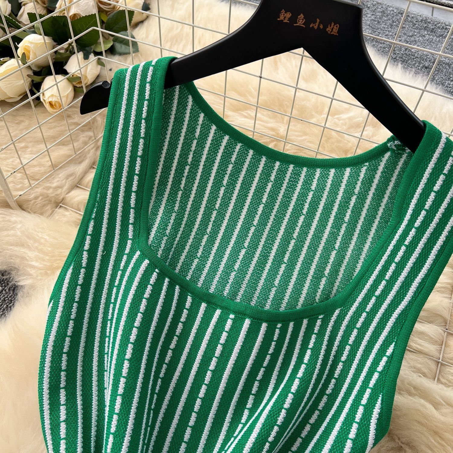 Women's Summer Square Neck Sleeveless Striped Slim Knitting Dress 15