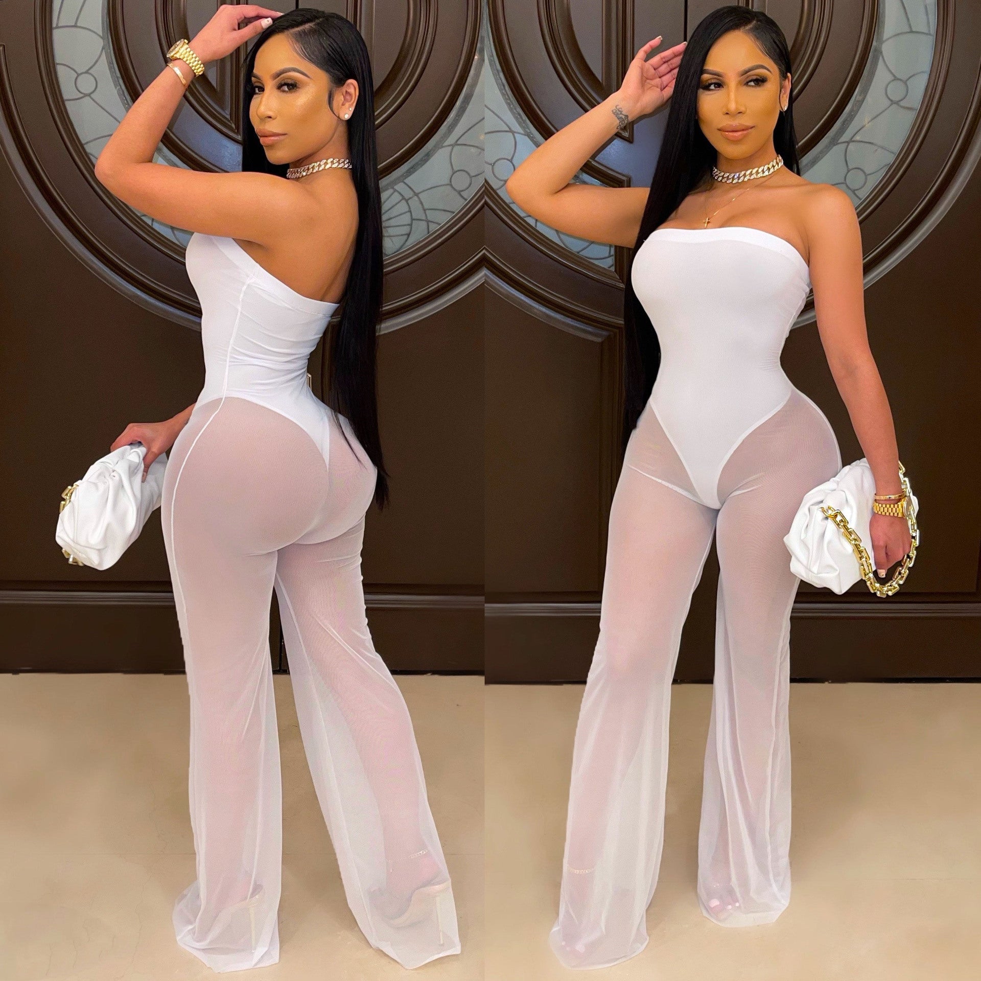 Women's Fashion Sexy Strapless Tight Fitting Wide Leg Mesh Jumpsuit