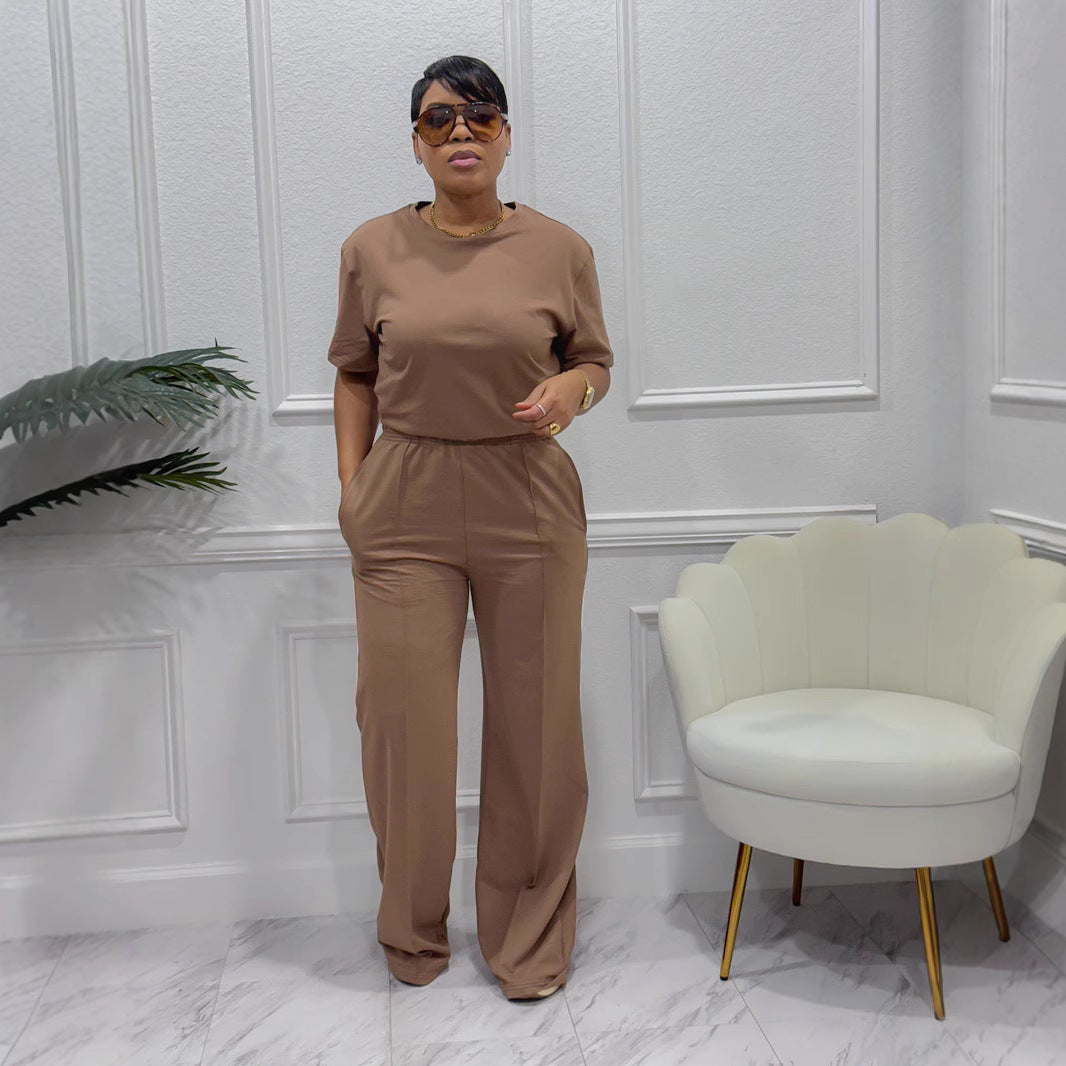 Women Casual Elegant Career Short Sleeve Top and Wide Leg Pants Two Piece Set