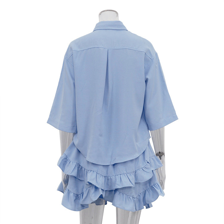 Turndown Collar Short Sleeve Shirt Fashion Ruffled Cake Skirt Two Piece Set 8