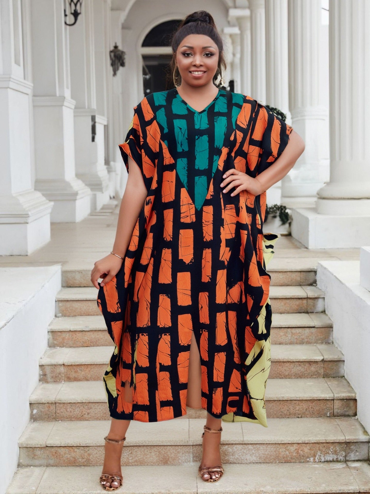 Plus Size Women Sexy Casual Patchwork Contrast Print Slit Dress