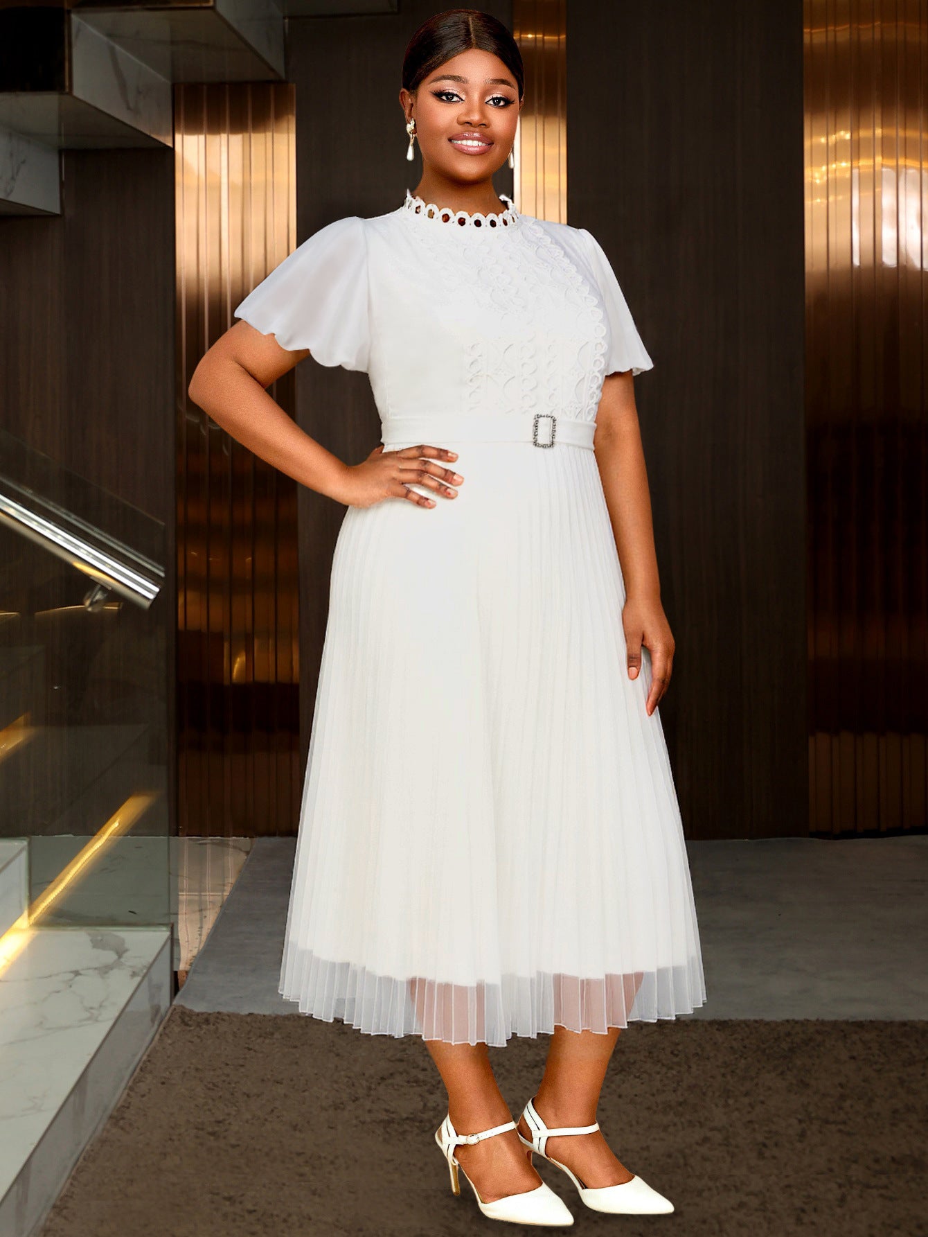 Plus Size Women's Elegant White Lace Cut-Out Dress Puff Sleeve Rhinestone Button Pleated Midi Party Dress 4