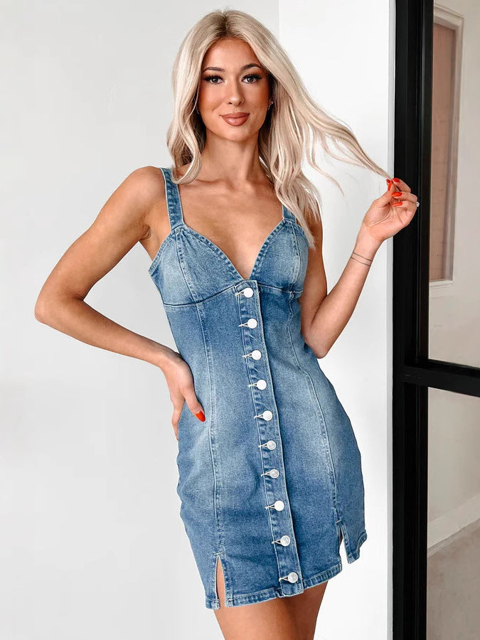 Summer Sweet Strap V-Neck Button Denim Dress 3
