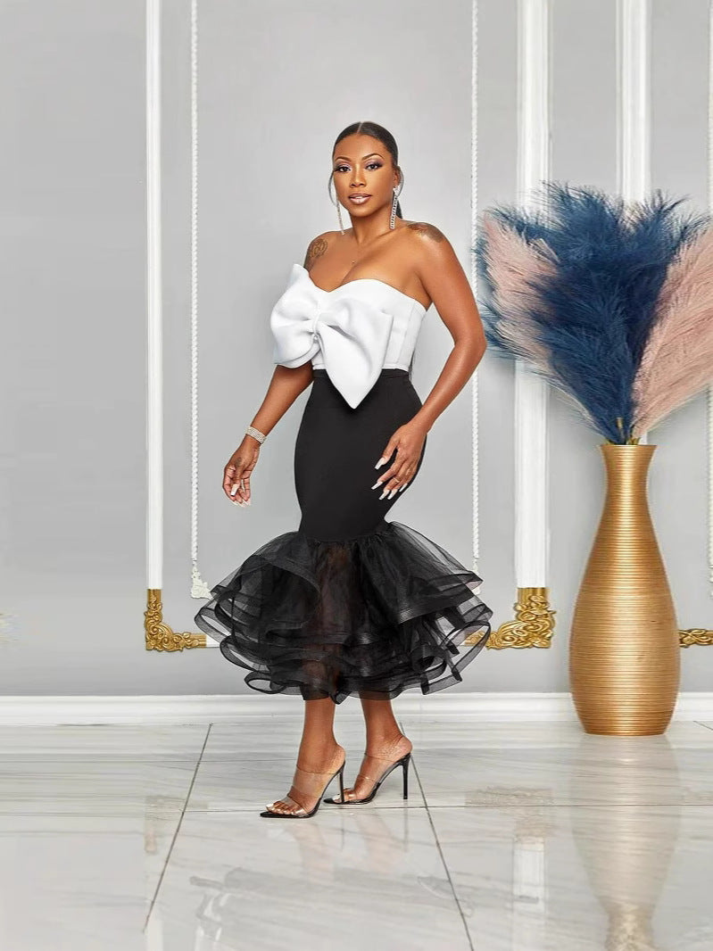 Women Sexy Contrast Strapless Off-Shoulder Bowknot Mesh Bodycon Skirt Two-Piece Set 5