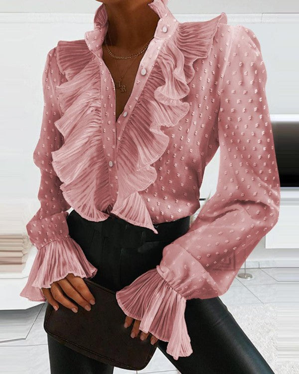 Women's Summer Ruffled Bell Bottom Pleated Sleeve Long Sleeve Shirt 4