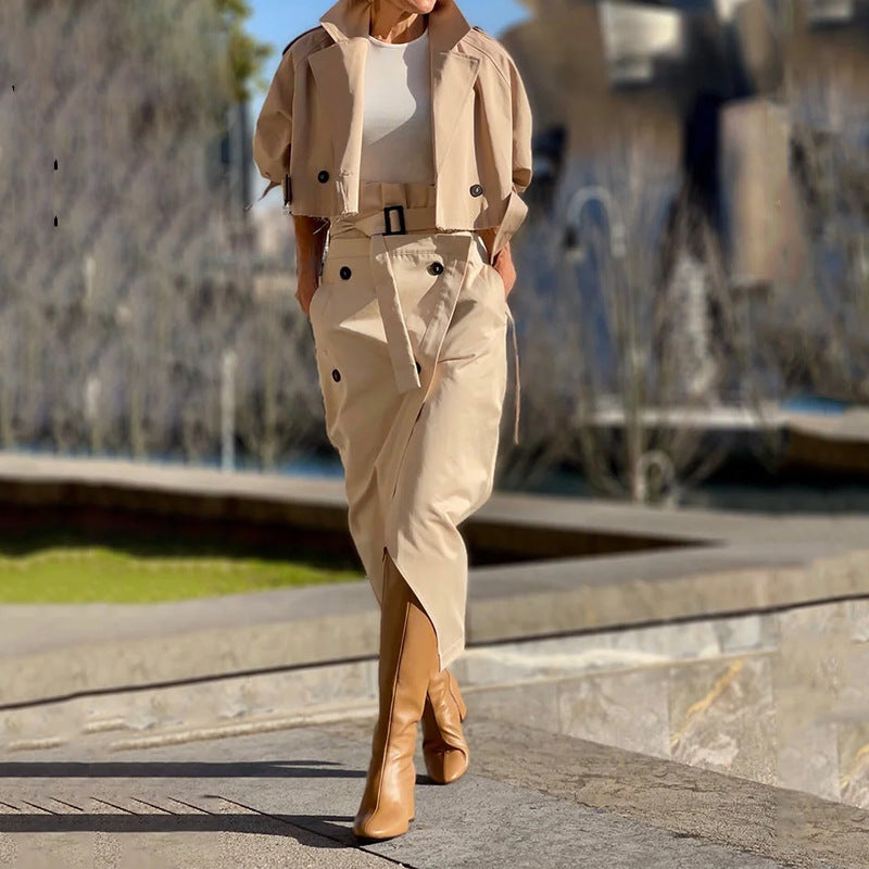 Autumn Versatile Casual Chic Button Belt  Cargo Suit Two Piece Skirt Set 9