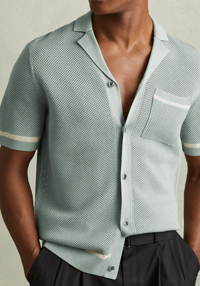 Sexy Hollow-Out Men’s Knitted Shirt Summer Turndown Collar Short Sleeve Polo Shirt