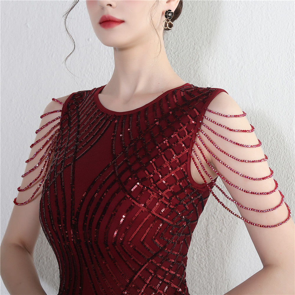 Decorative Crystal Diamond Chain Sequin Embroidery Stripe Positioning Flower Dinner Ceremony Long Evening Dress 27