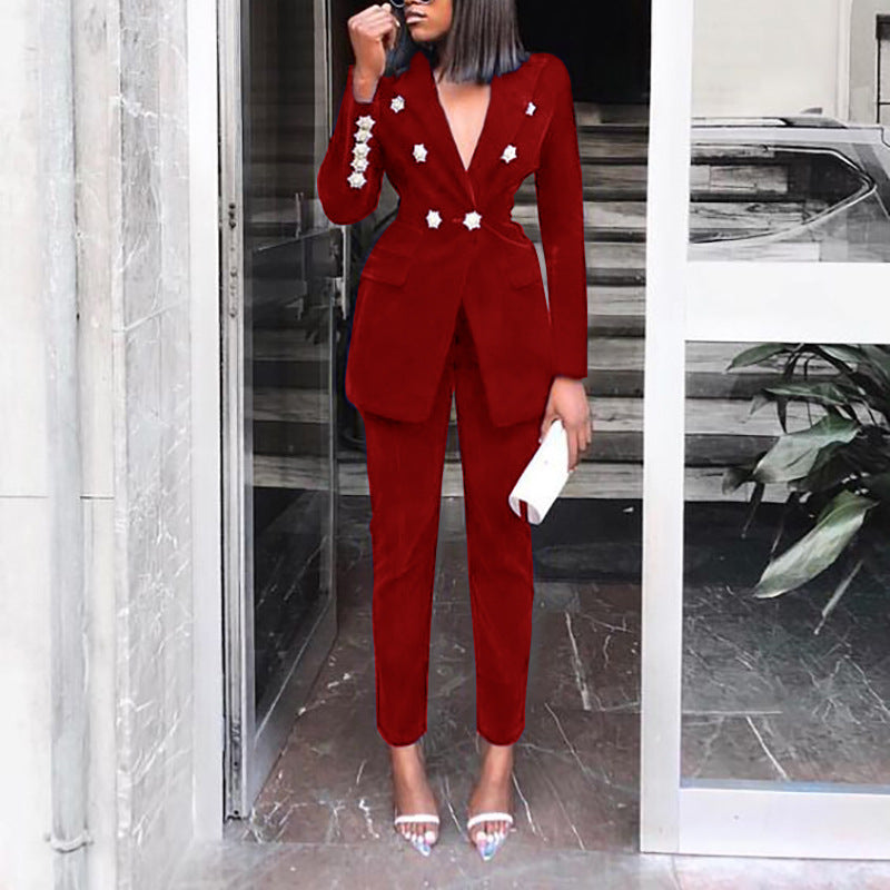 Spring Women Solid  Long Sleeve Blazer + Pant Two-Piece Set