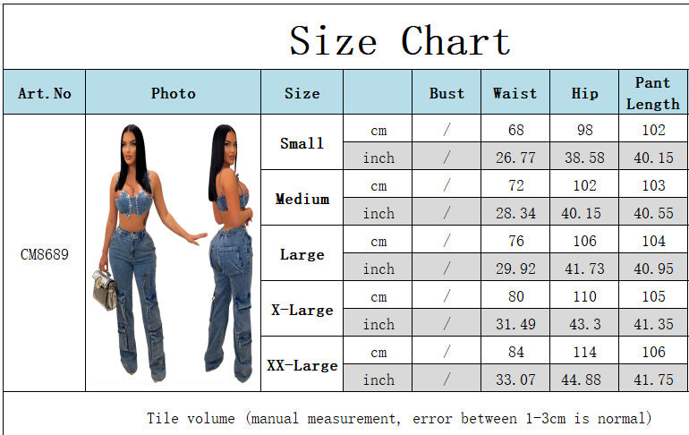 Cargo Pouch Zipper Casual Elastic Waist Denim Pants 8