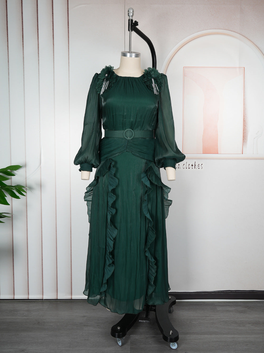 Plus Size African Women Floral Pleated Long-Sleeve Dress 11