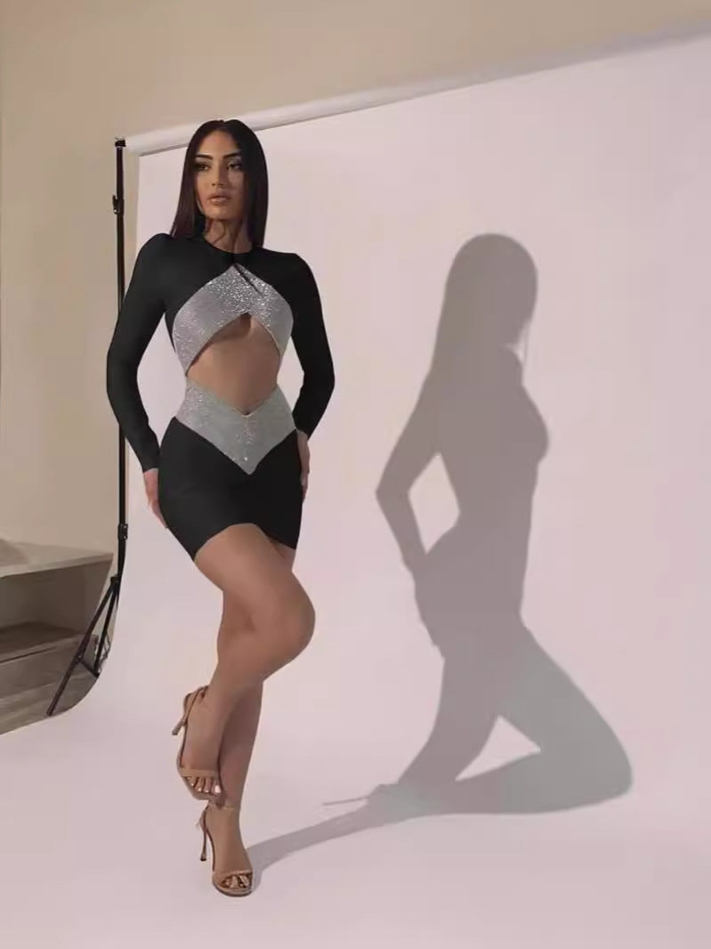 Women Sequin Cutout Round Neck Long Sleeve Bodycon Dress