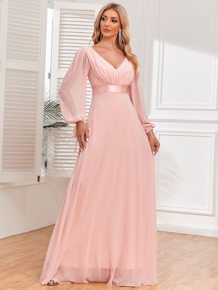Pink Chiffon Dress Lace-Up Long Sleeves V-Neck Patchwork Elastic Waist Full Swing Evening Dress 5