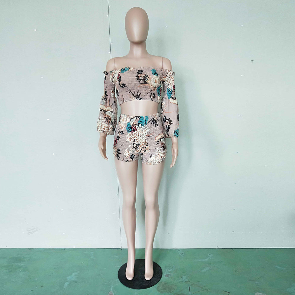 Women's Fashion Print Off Shoulder Bell Bottom Sleeve Two-Piece Set 15