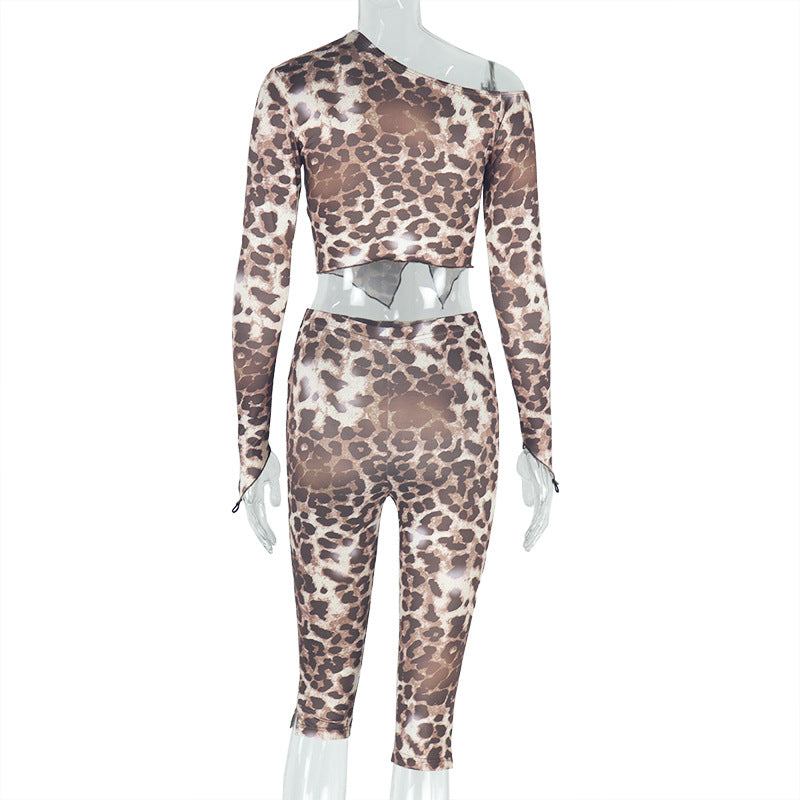 Women Leopard Print Asymmetrical Off-shoulder Long Sleeve Top and ShortsTwo Piece Set 8