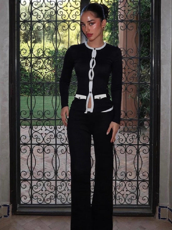 Women's Autumn Style Round Neck Button Contrast Color Long Sleeve Top & High-Waist Slim Fit Pants Set 8