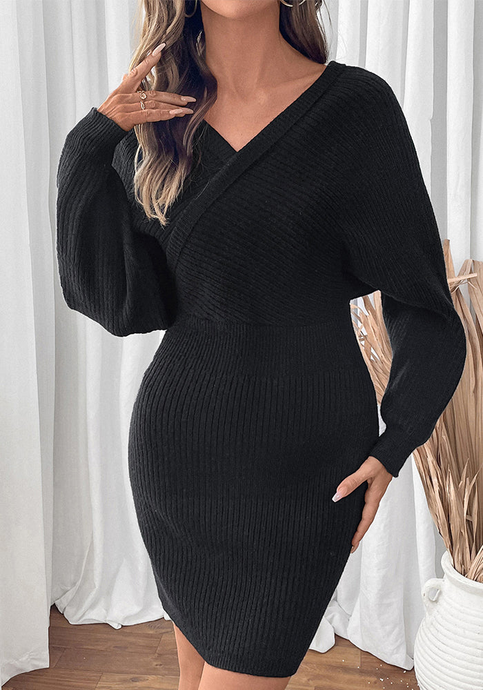 Autumn Winter Women's V Neck Bat Sleeves Solid Color Knitting Sweater Dress