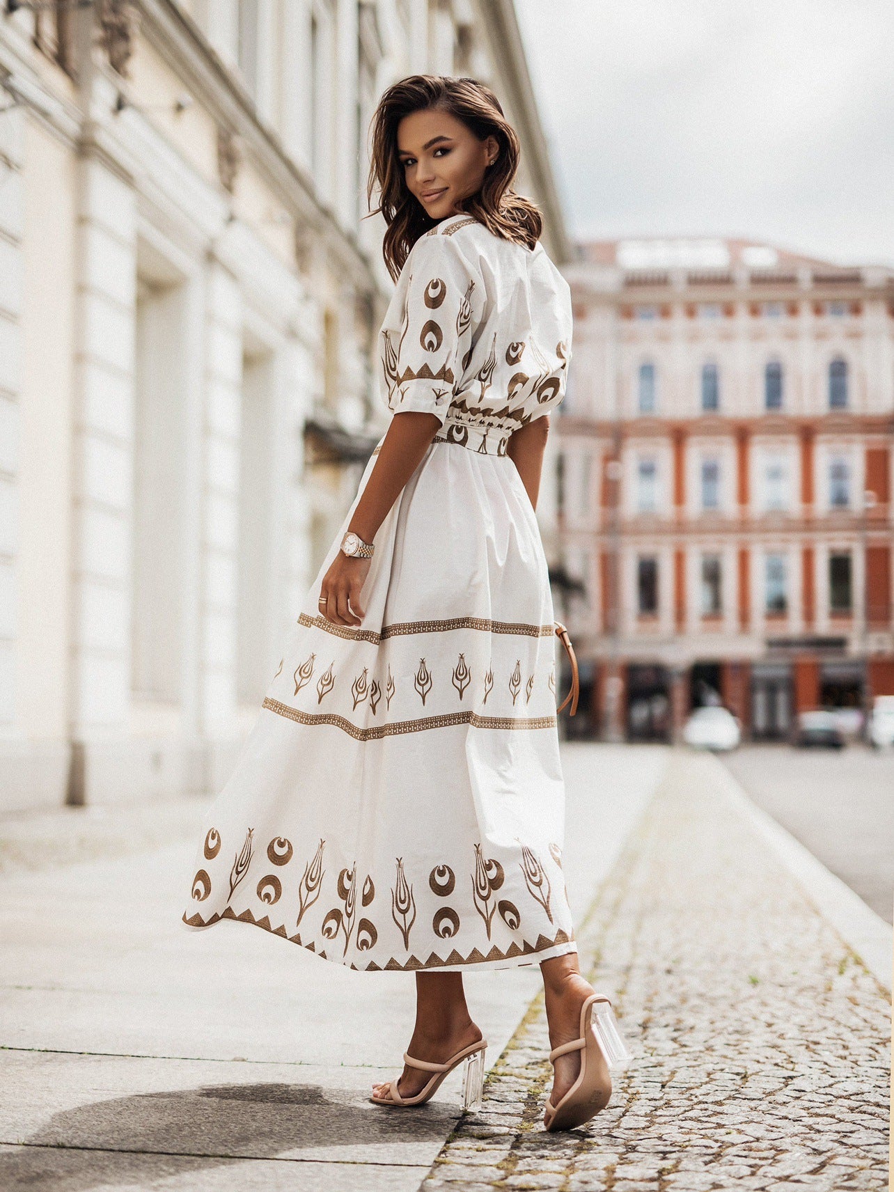 Women Printed Button Belt Shirt Dress 11