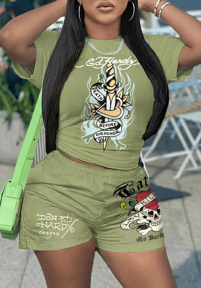 Women's Spring And Summer Printed Short-Sleeved Sports Two-Piece Shorts Set