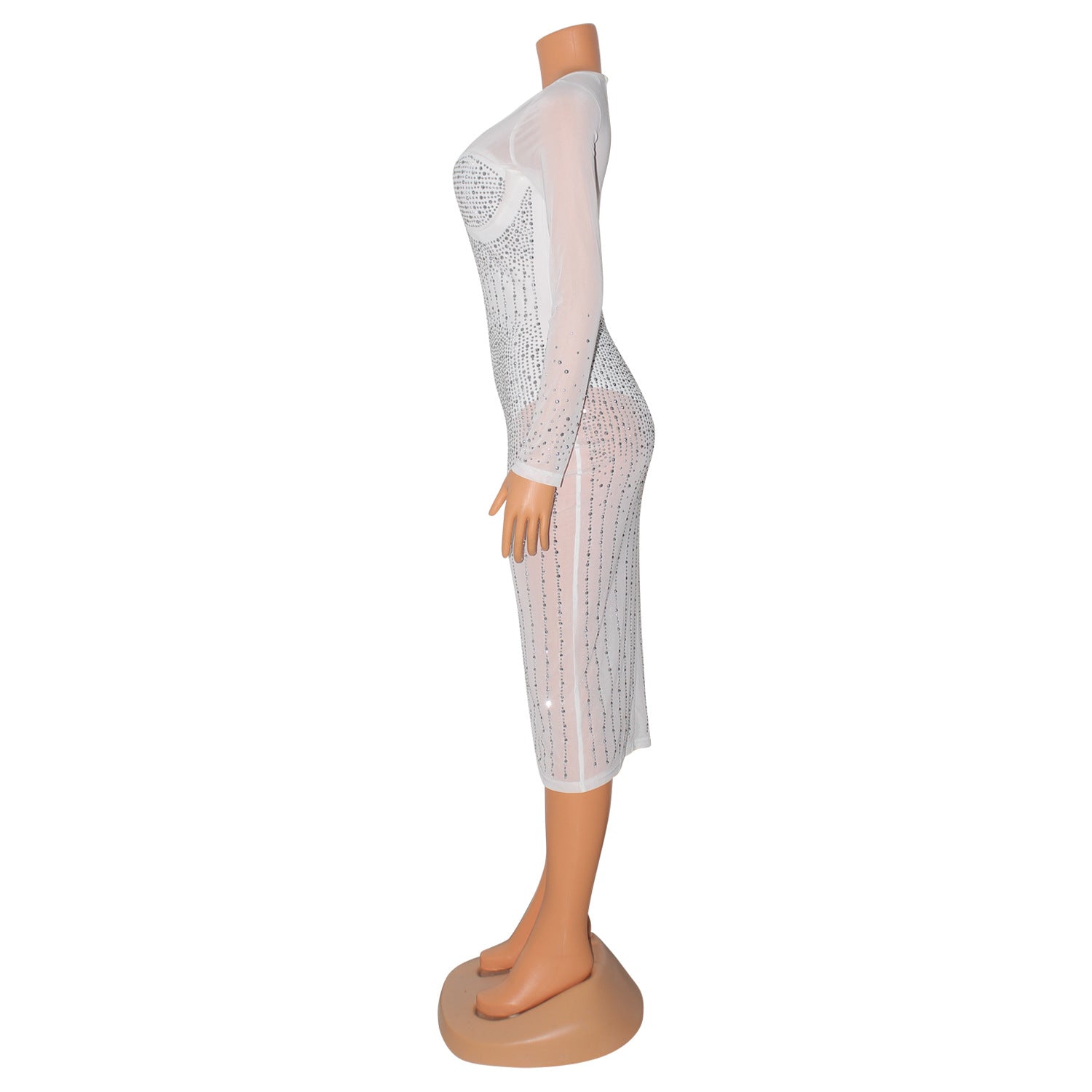 Fall Winter Women's Sexy Mesh Beaded One Piece Long Sleeve Dress 8