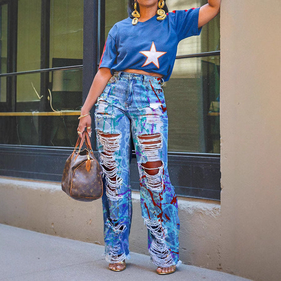 Summer Graffiti Print Ripped Straight-Leg Denim Pants 5