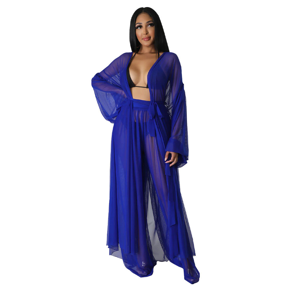 Fashion Ladies Solid Color Bat Sleeves Sexy See-Through Long Sleeve Pant Set 14