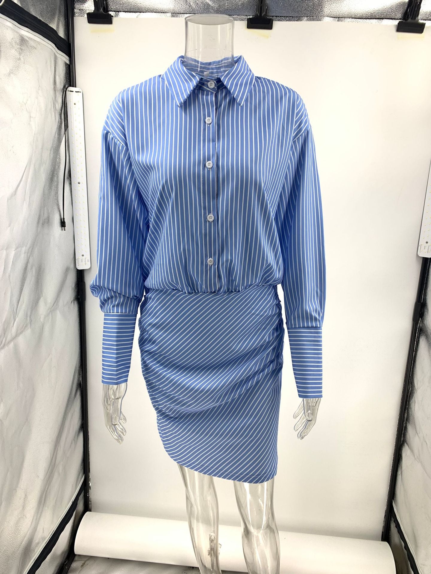 Women's Casual Turndown Collar Striped Shirt Bodycon Dress 6
