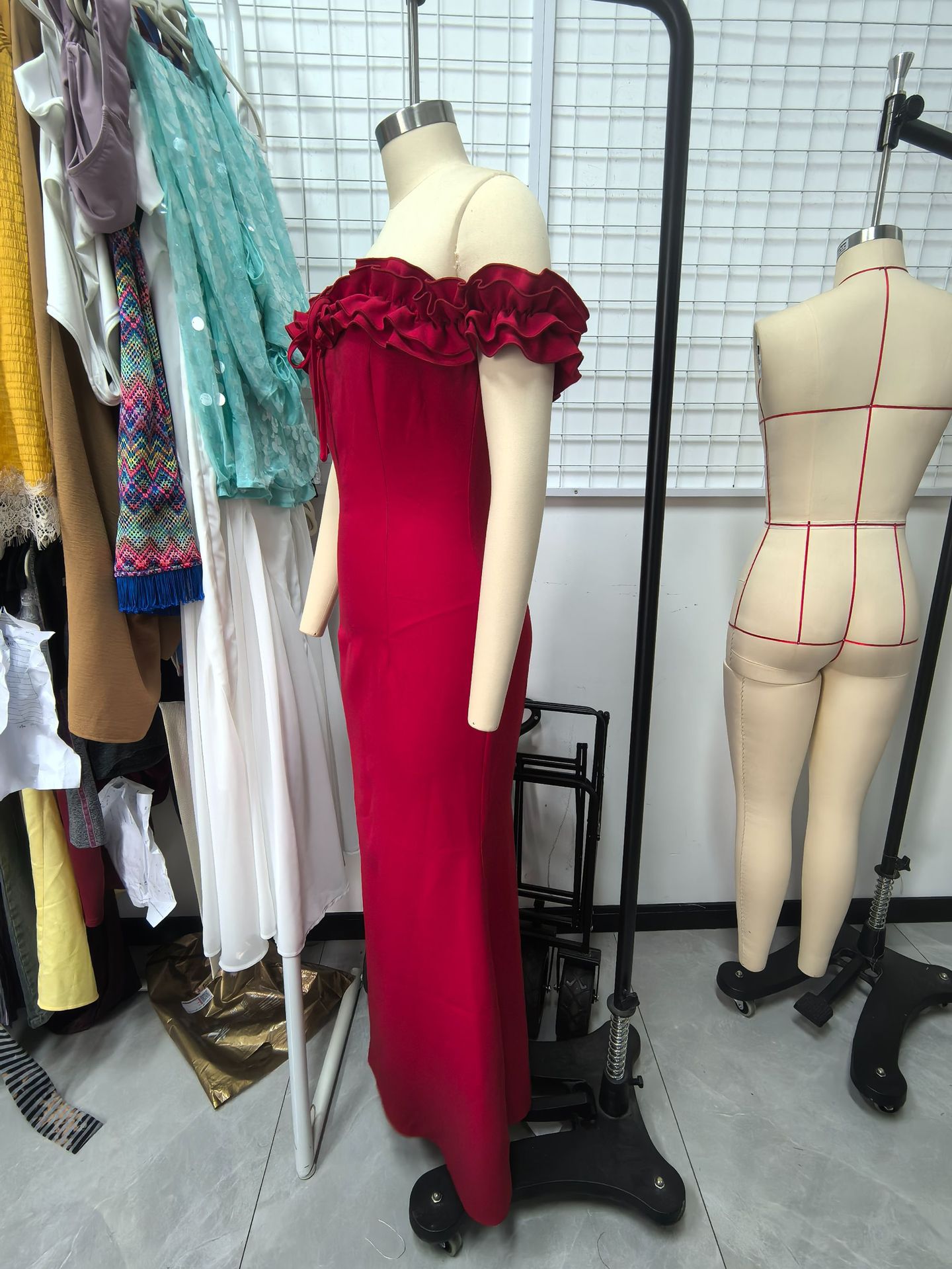 Women Spring and Summer Ruffle Off Shoulder Bodycon Dress 7