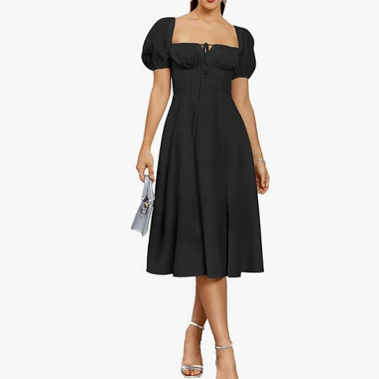 Low Back Lace Up Square Neck Off Shoulder Midi Dress 3