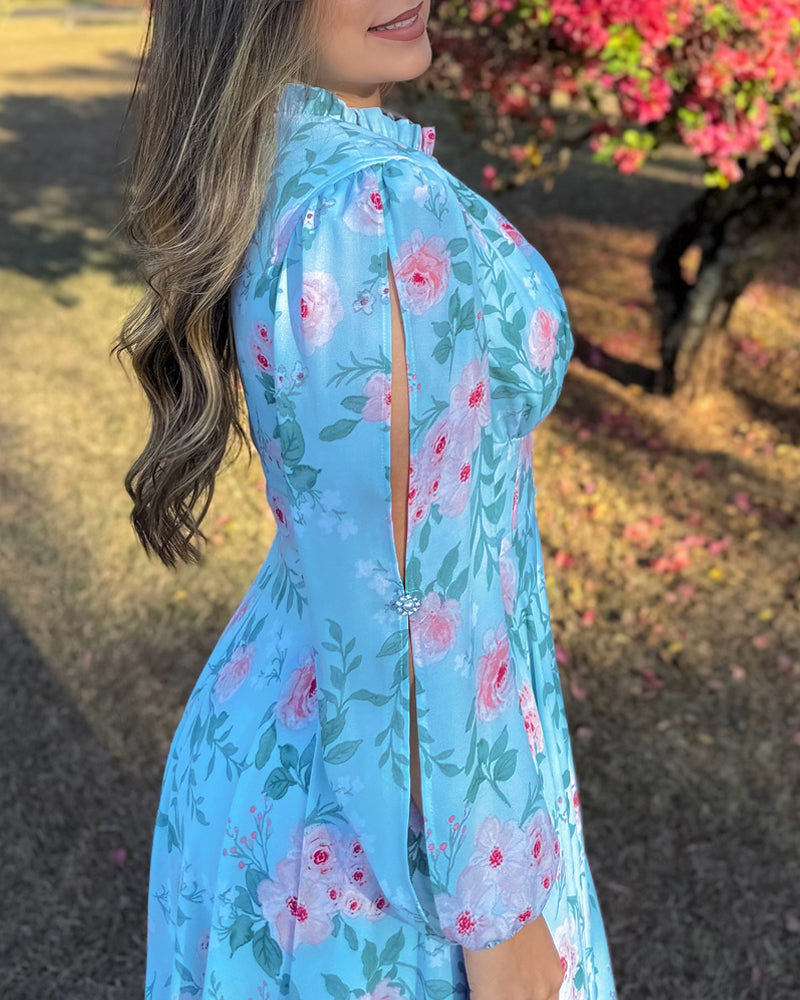 Women light blue floral long sleeve neckline Ruffle Edge dress 4