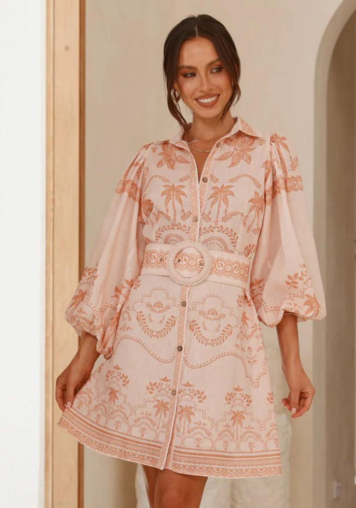 Linen Chic Casual Printed Belt Slim-Waist Shirt Dress