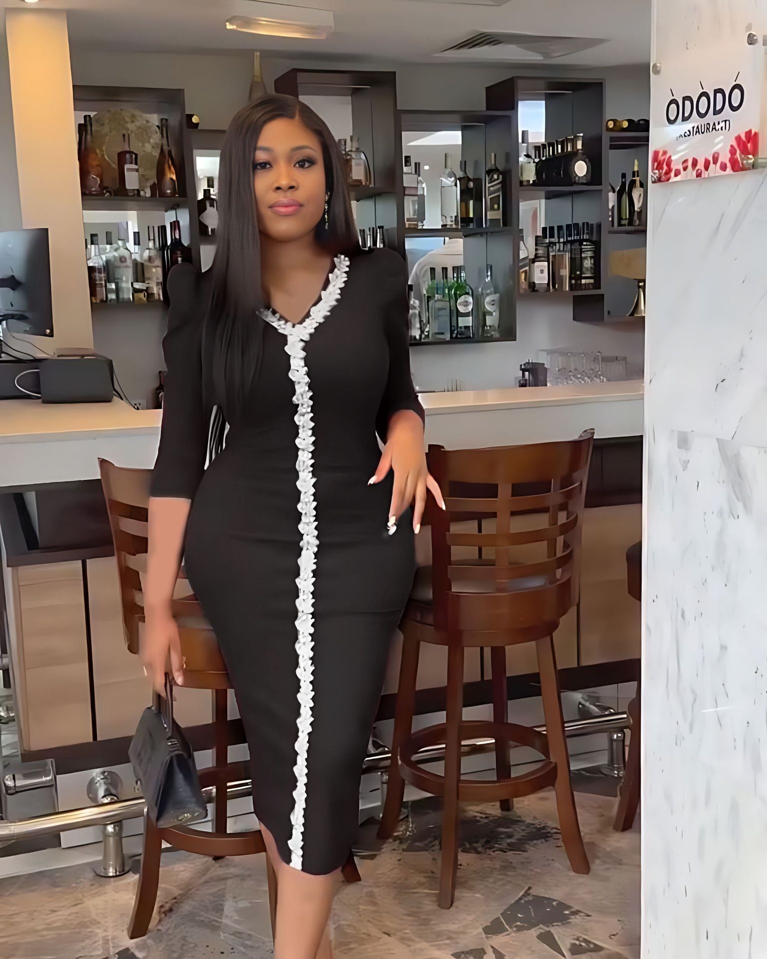 Solid Color V-Neck Women's High Waist Bodycon Pencil Dress 3