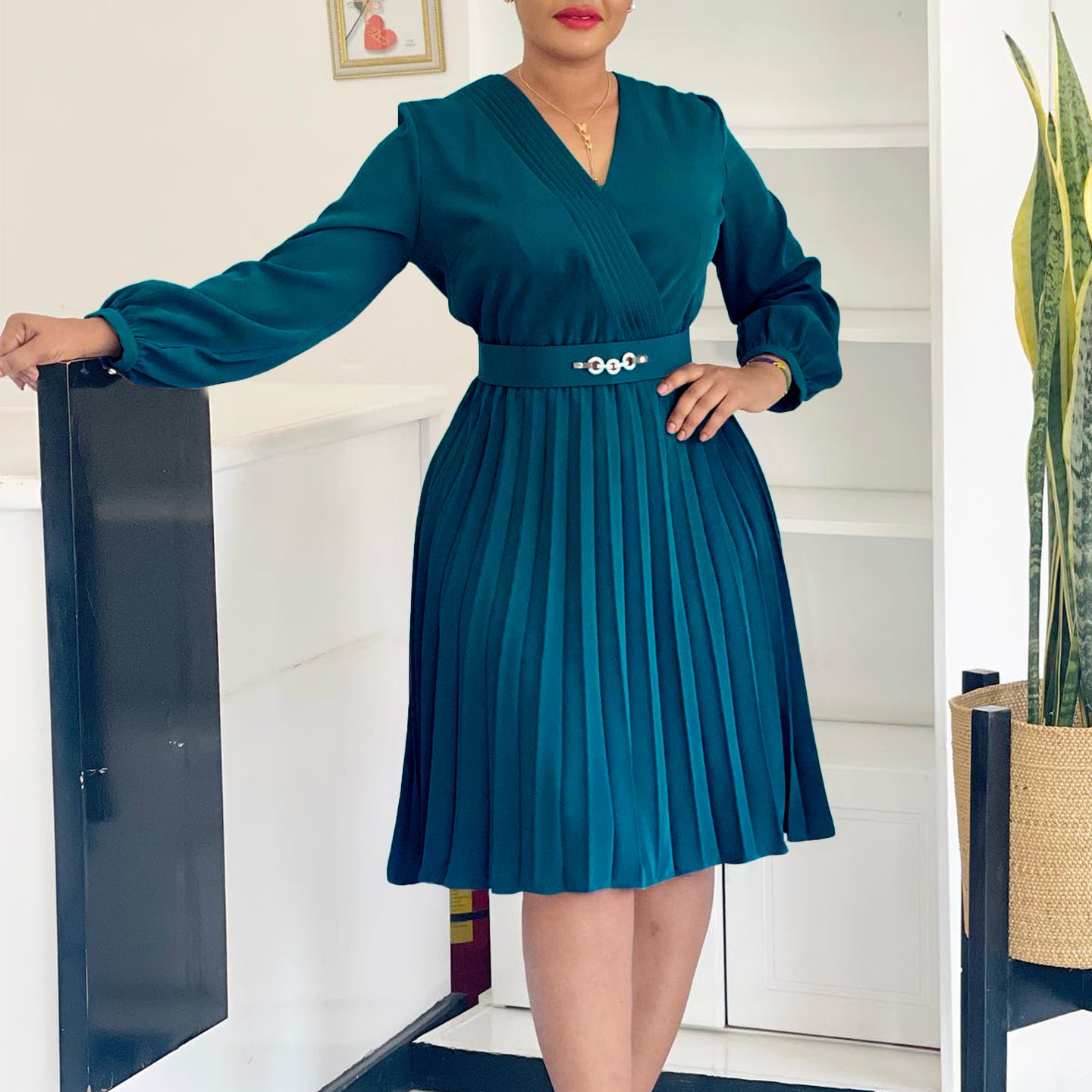 Women Spring V-Neck Pleated African Dress 3