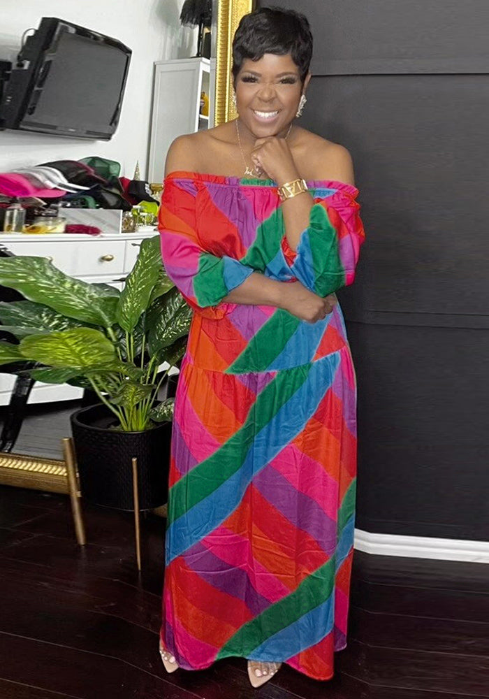 Women Sexy Print Off Shoulder Long Sleeve Dress