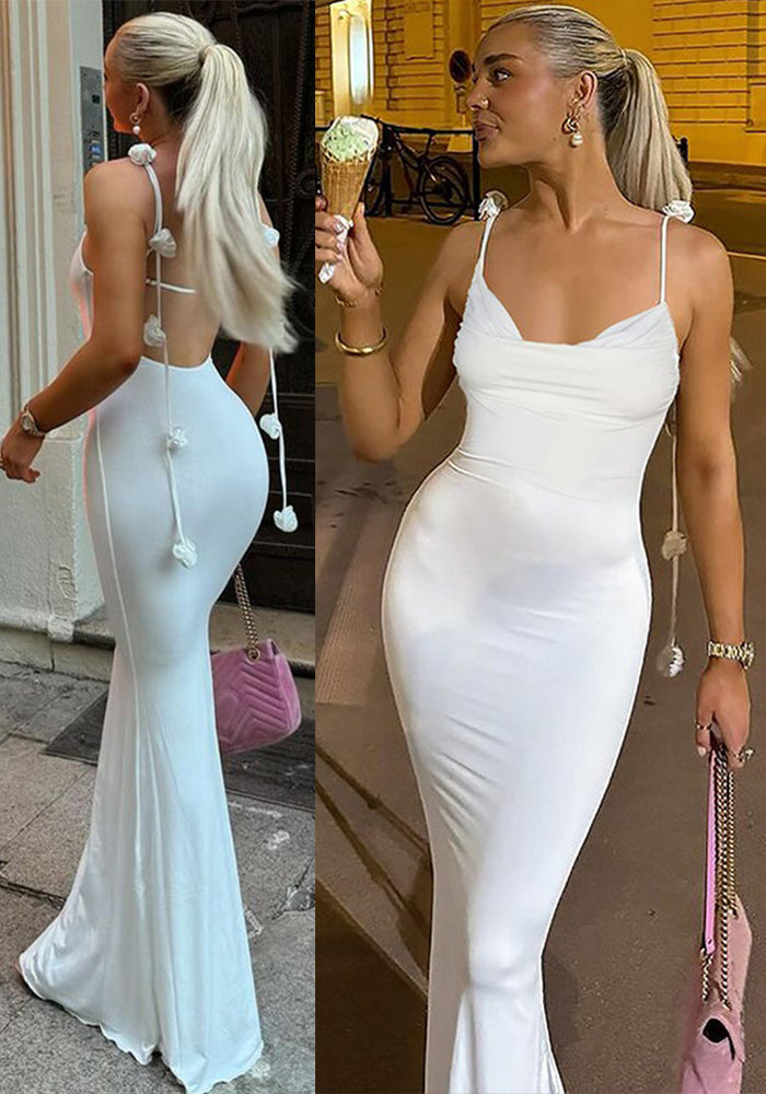 Summer Women's Sexy Low Back Flower Decorated Strap Long Dress